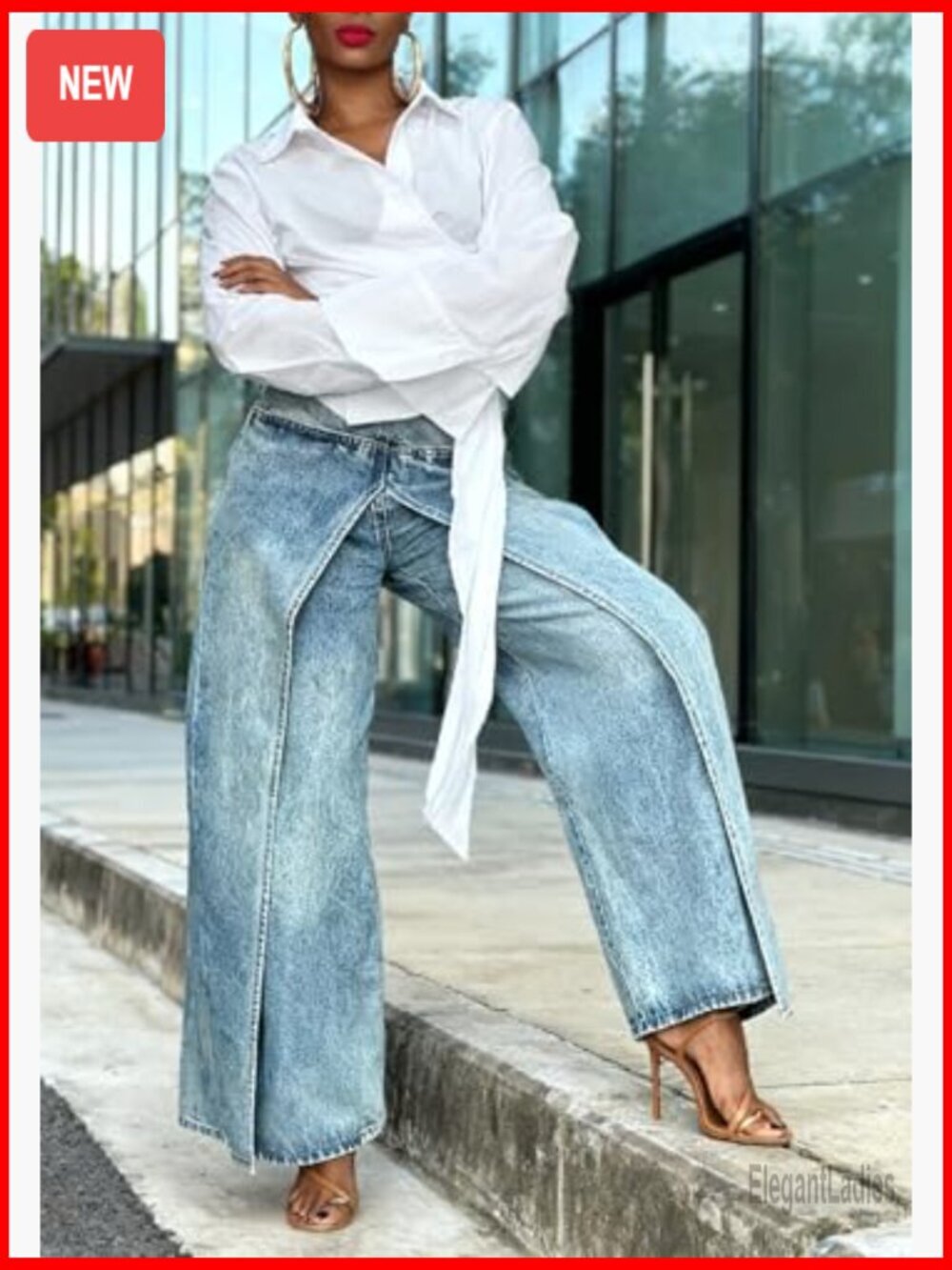 High Waisted Wide Leg Patchwork Jeans Distressed Split Hem Y2K - Picture 5 of 7